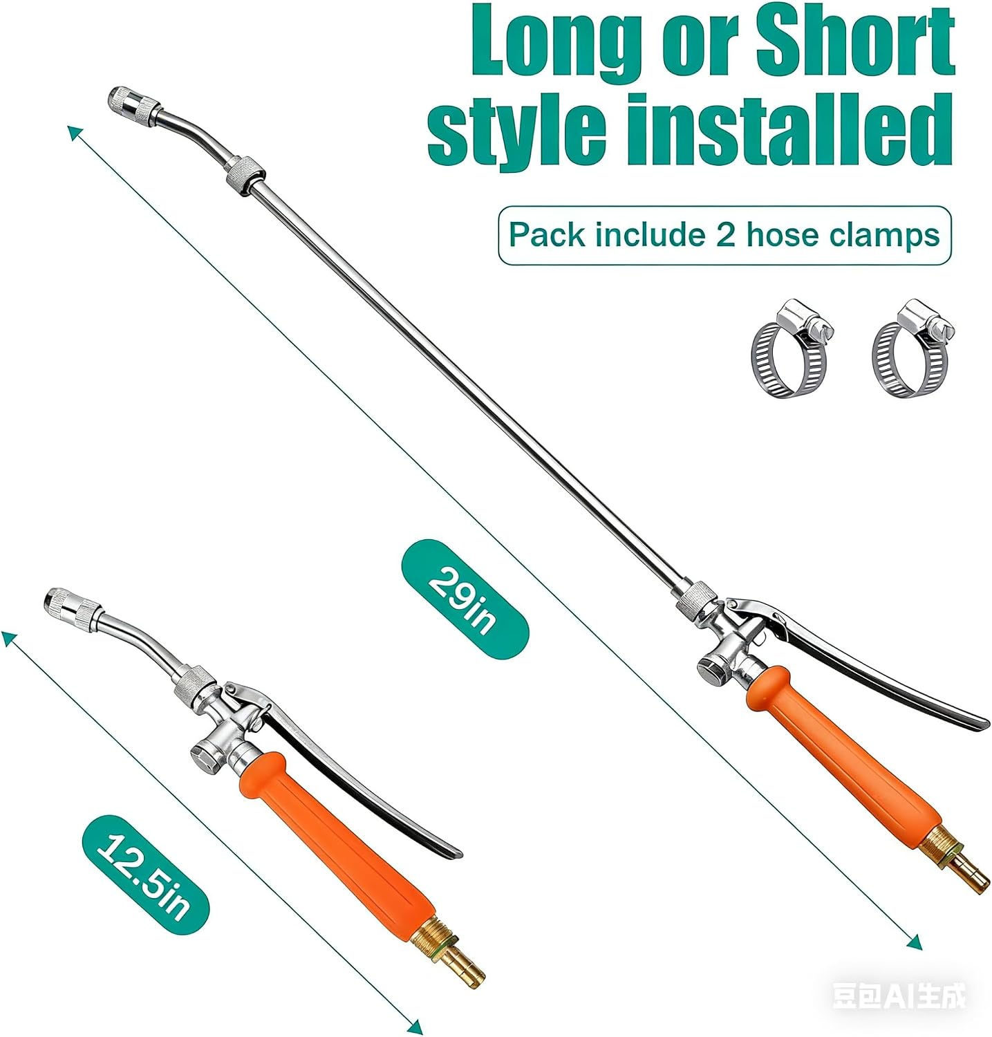 All Metal Sprayer Wand,1/4" & 3/8" & 1/2" Brass Barbs Sprayer Wand Replacement, Built-in Shut Valve Stainless Steel & 2 Hose Clamps