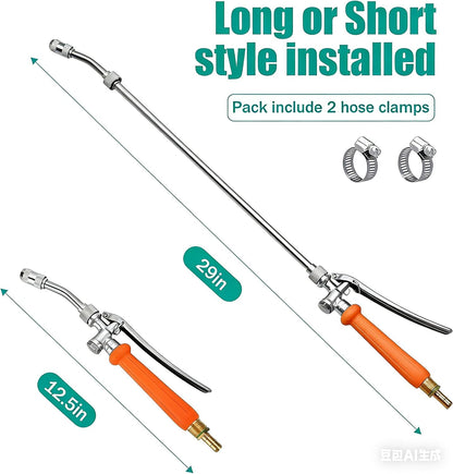 All Metal Sprayer Wand,1/4" & 3/8" & 1/2" Brass Barbs Sprayer Wand Replacement, Built-in Shut Valve Stainless Steel & 2 Hose Clamps