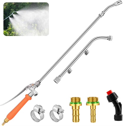 All Metal Sprayer Wand,1/4" & 3/8" & 1/2" Brass Barbs Sprayer Wand Replacement, Built-in Shut Valve Stainless Steel & 2 Hose Clamps