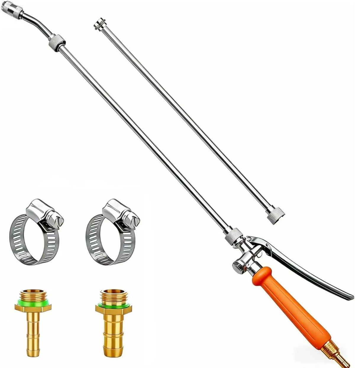 All Metal Sprayer Wand,1/4" & 3/8" & 1/2" Brass Barbs Sprayer Wand Replacement, Built-in Shut Valve Stainless Steel & 2 Hose Clamps