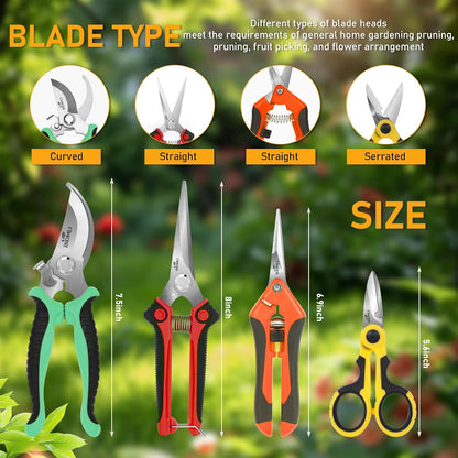 4-Pack Multifunctional Garden Scissors Set- Stainless Steel Pruning &Floral Shears with One-Piece Handle Blades for Tree Pruning, Flower Trimming, and Fruit Picking Tasks at Home&Garden Tool.