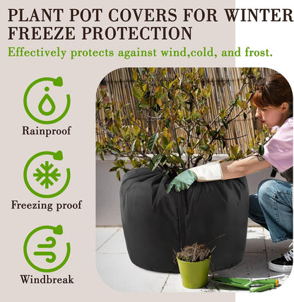 2Pack Plant Pot Covers for Pot Insulation with Drawstring and Zipper, Winter Plant Covers Freeze Protection or Flower Pot, Plants Frost Protect Bags for Keeping Warm(Black-M-17.7x19.6 in)