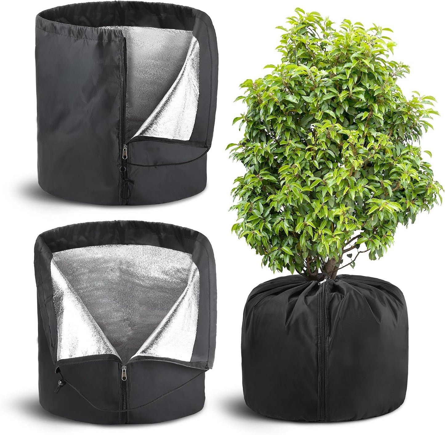 2Pack Plant Pot Covers for Pot Insulation with Drawstring and Zipper, Winter Plant Covers Freeze Protection or Flower Pot, Plants Frost Protect Bags for Keeping Warm(Black-M-17.7x19.6 in)