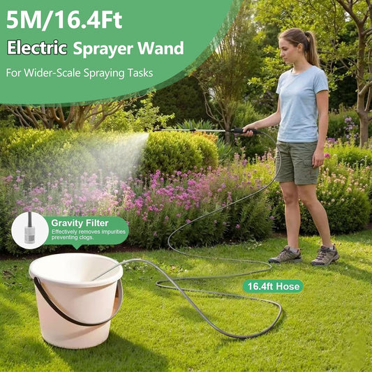 Battery Powered Sprayer Wand,23.6" Electric Sprayer Telescopic Wand with 3 Adjustable Spray Forces Portable Garden Sprayer with 16.4ft Hose 3 Water Hose Nozzle for Lawn and Garden Plant Watering