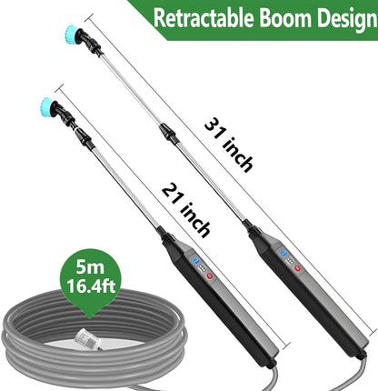 Battery Powered Sprayer Wand,23.6" Electric Sprayer Telescopic Wand with 3 Adjustable Spray Forces Portable Garden Sprayer with 16.4ft Hose 3 Water Hose Nozzle for Lawn and Garden Plant Watering