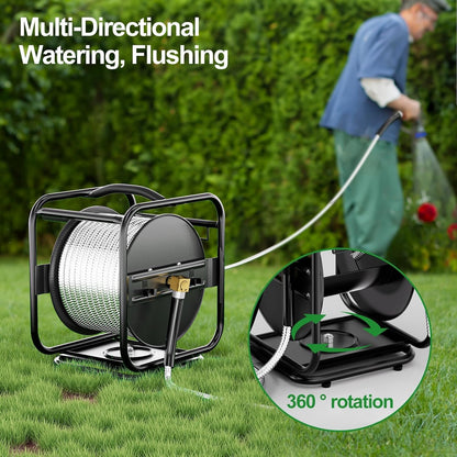 Garden Hose Reel With 100Ft Metal Water Pipe, 360° Rotation Frame