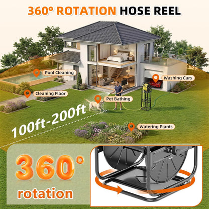 Garden Hose Reel With 100Ft Metal Water Pipe, 360° Rotation Frame