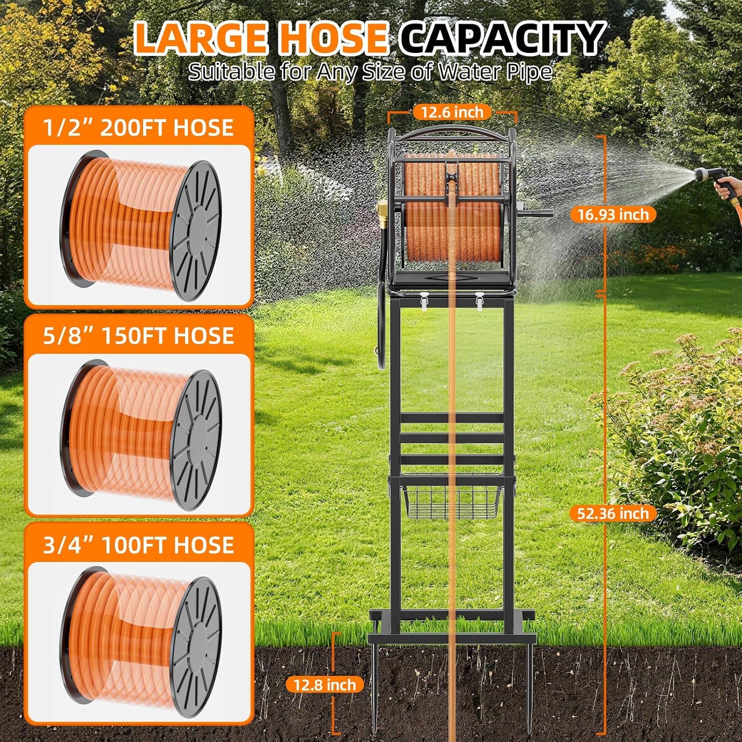 Garden Hose Reel With 100Ft Metal Water Pipe, 360° Rotation Frame