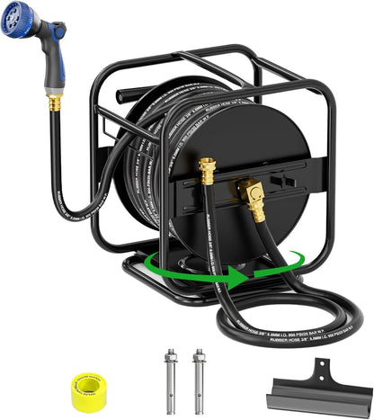 Garden Hose Reel With 100Ft Metal Water Pipe, 360° Rotation Frame