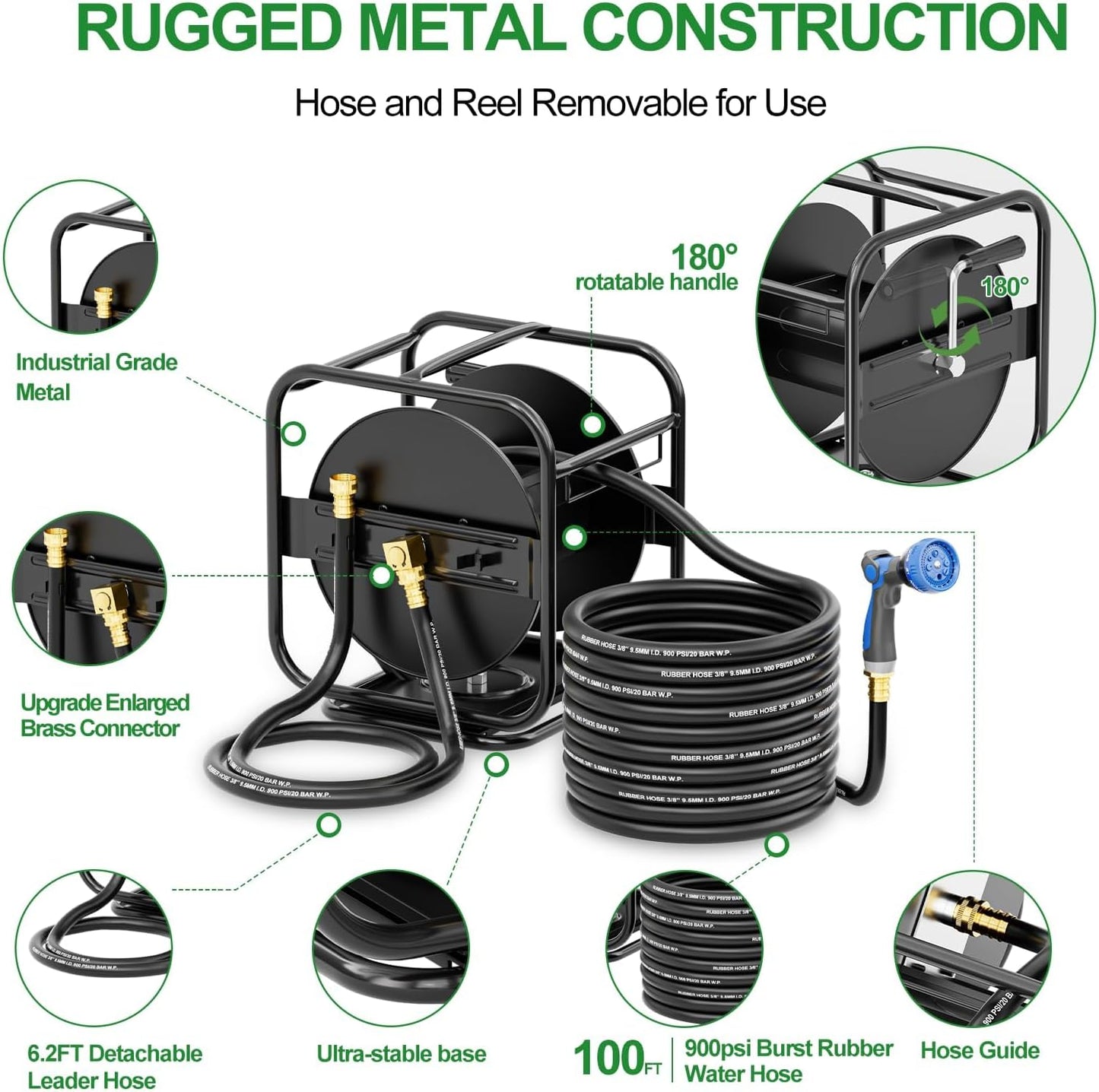 Garden Hose Reel With 100Ft Metal Water Pipe, 360° Rotation Frame