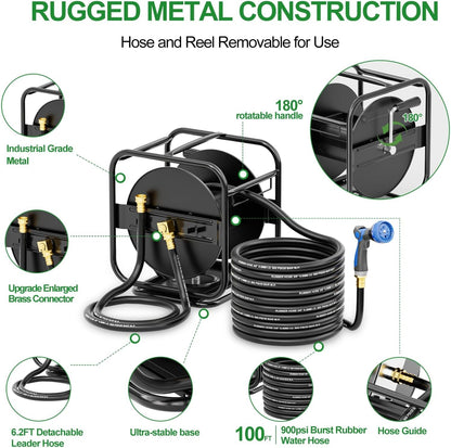 Garden Hose Reel With 100Ft Metal Water Pipe, 360° Rotation Frame