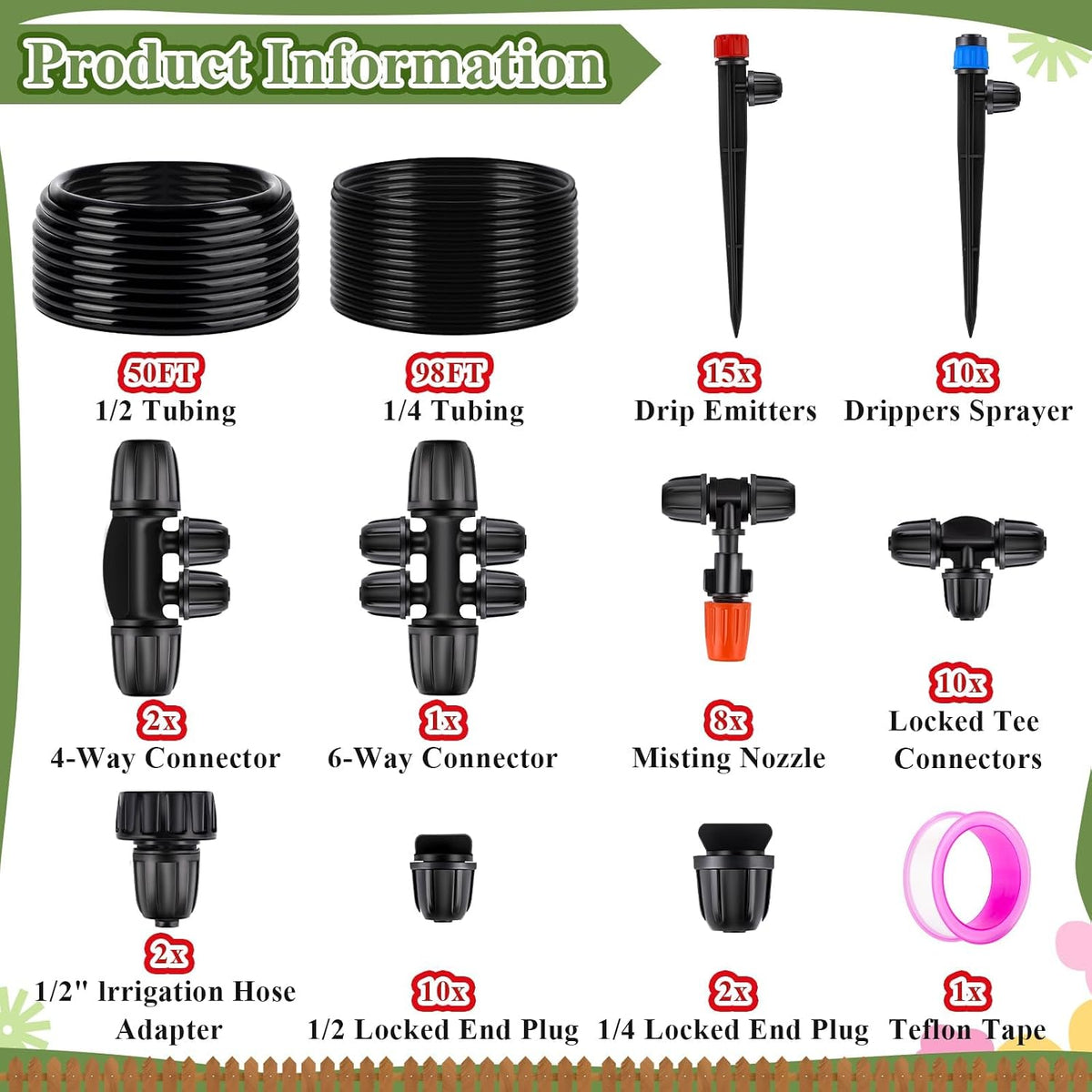98FT 1/4 Inch 50FT 1/2 Inch Tubing Drip Irrigation System Kit