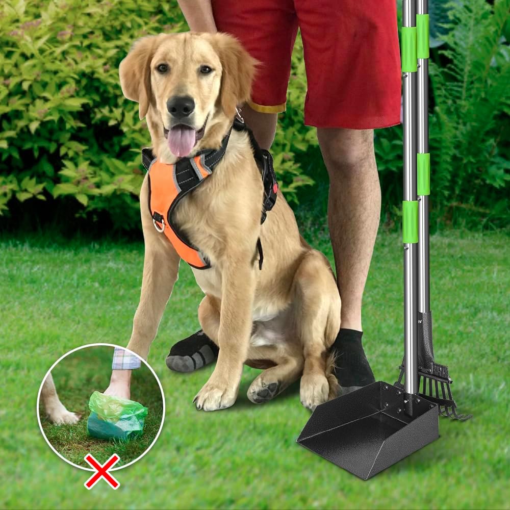 Pooper Scooper, Dog Pooper Scooper Long Handle Stainless Metal Tray and Rake for Medium Small Dogs Heavy Duty Pet Supplies to Use for Grass, Dirt or Gravel