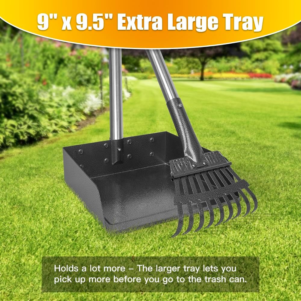 Pooper Scooper, Dog Pooper Scooper Long Handle Stainless Metal Tray and Rake for Medium Small Dogs Heavy Duty Pet Supplies to Use for Grass, Dirt or Gravel