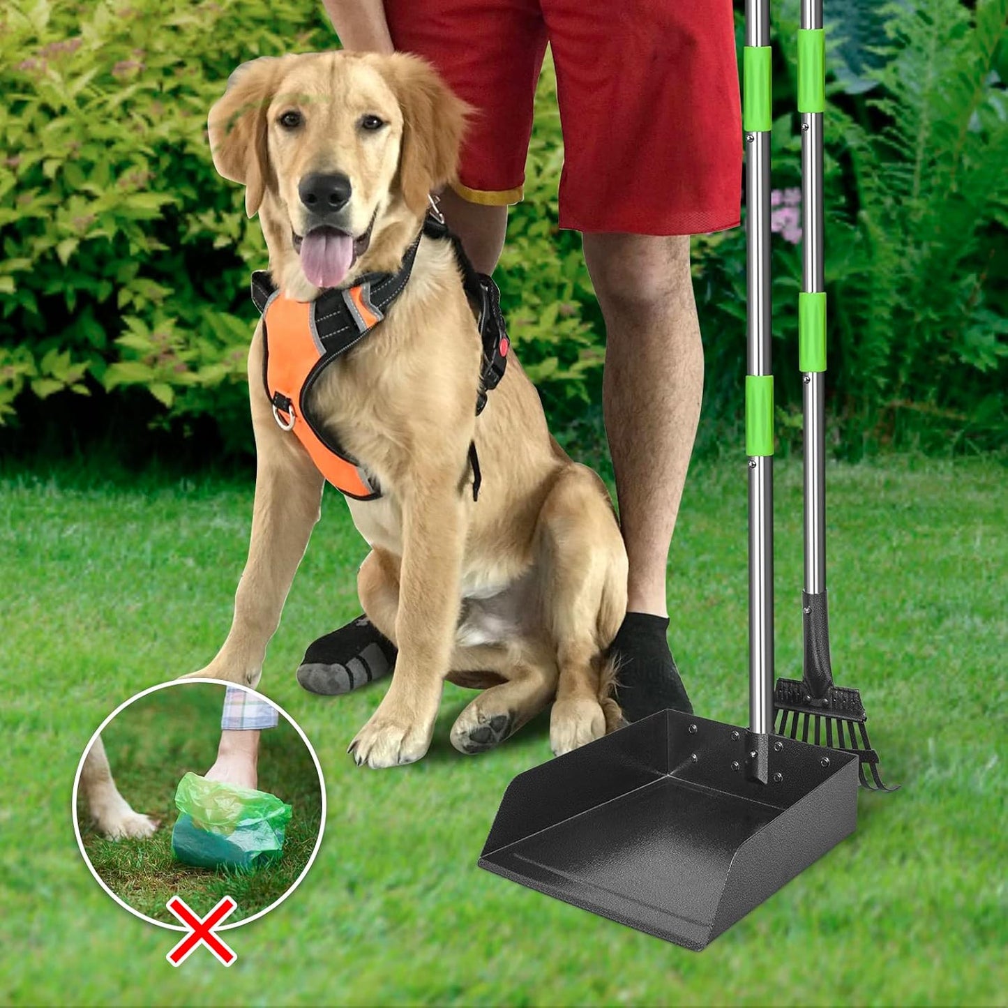 Pooper Scooper, Dog Pooper Scooper Long Handle Stainless Metal Tray and Rake for Medium Small Dogs Heavy Duty Pet Supplies to Use for Grass, Dirt or Gravel