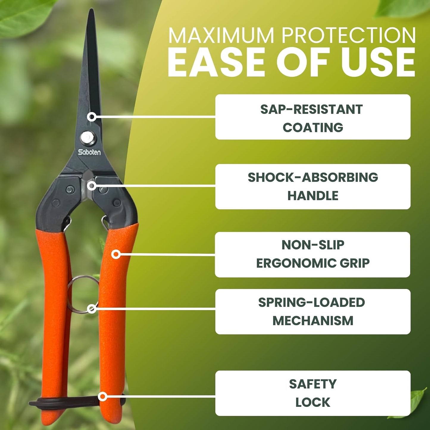 Saboten 7.9" Professional Japanese Harvesting Shears – Straight Blade, Stainless Steel with Fluorine Coating, Spring-Loaded, Ergonomic Grip – , Made in Japan