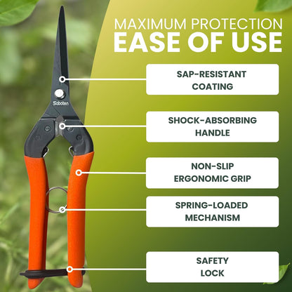 Saboten 7.9" Professional Japanese Harvesting Shears – Straight Blade, Stainless Steel with Fluorine Coating, Spring-Loaded, Ergonomic Grip – , Made in Japan