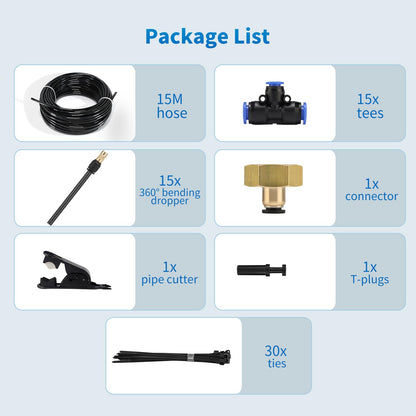 50FT Drip Irrigation System, Complete Garden Watering Kit with Rust-Proof Copper Nozzles - UV Stabilized Flexible Hose for Lawn, Greenhouse, Patio Plants