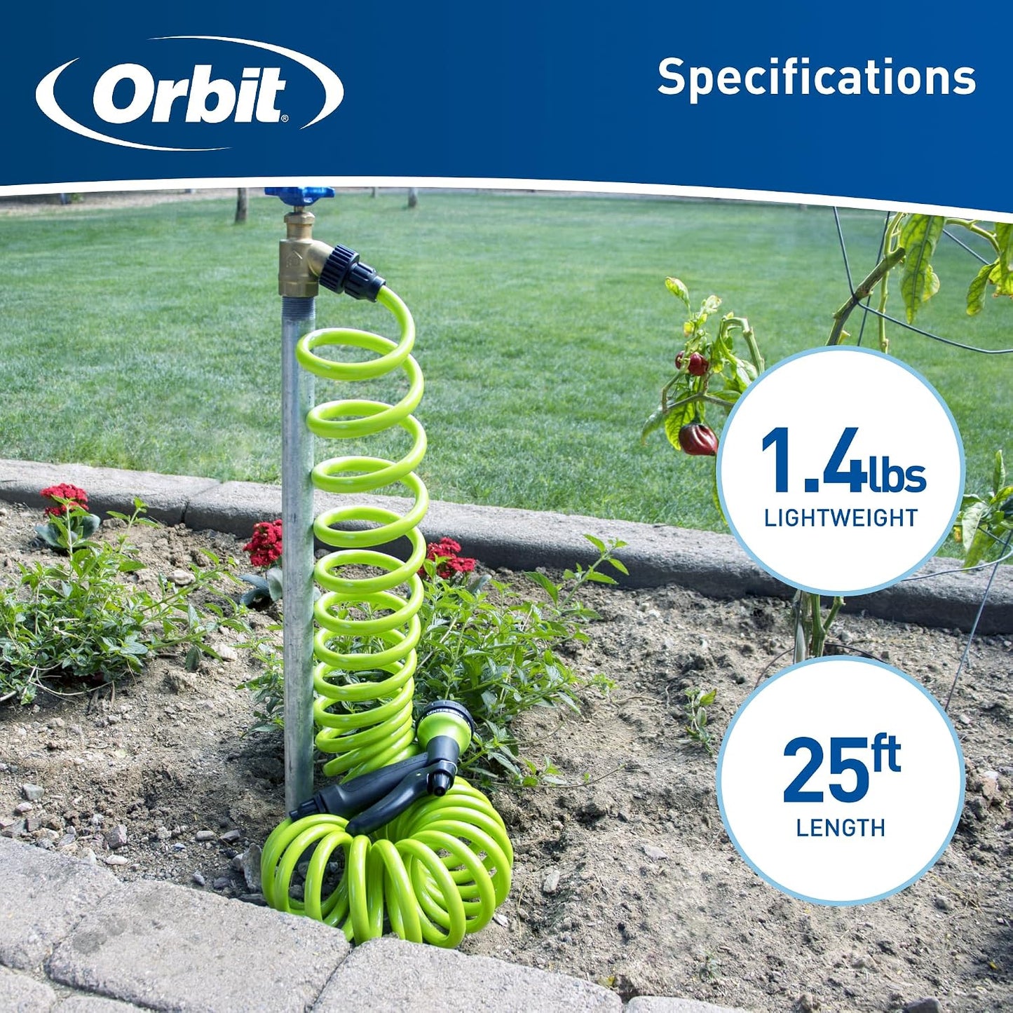 Coil Garden Hose, 25 ft, with 8-Pattern Nozzle, Green - 26380