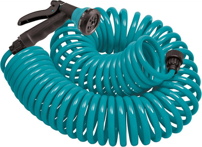 Coil Garden Hose, 25 ft, with 8-Pattern Nozzle, Green - 26380