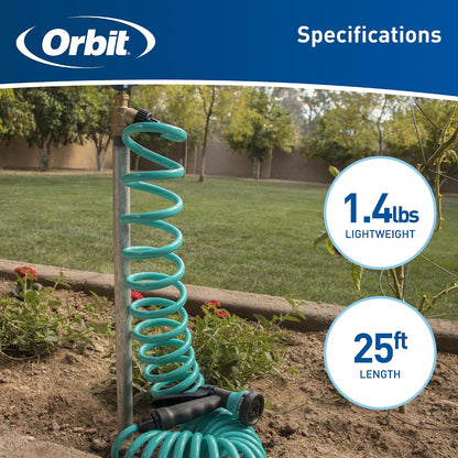 Coil Garden Hose, 25 ft, with 8-Pattern Nozzle, Green - 26380