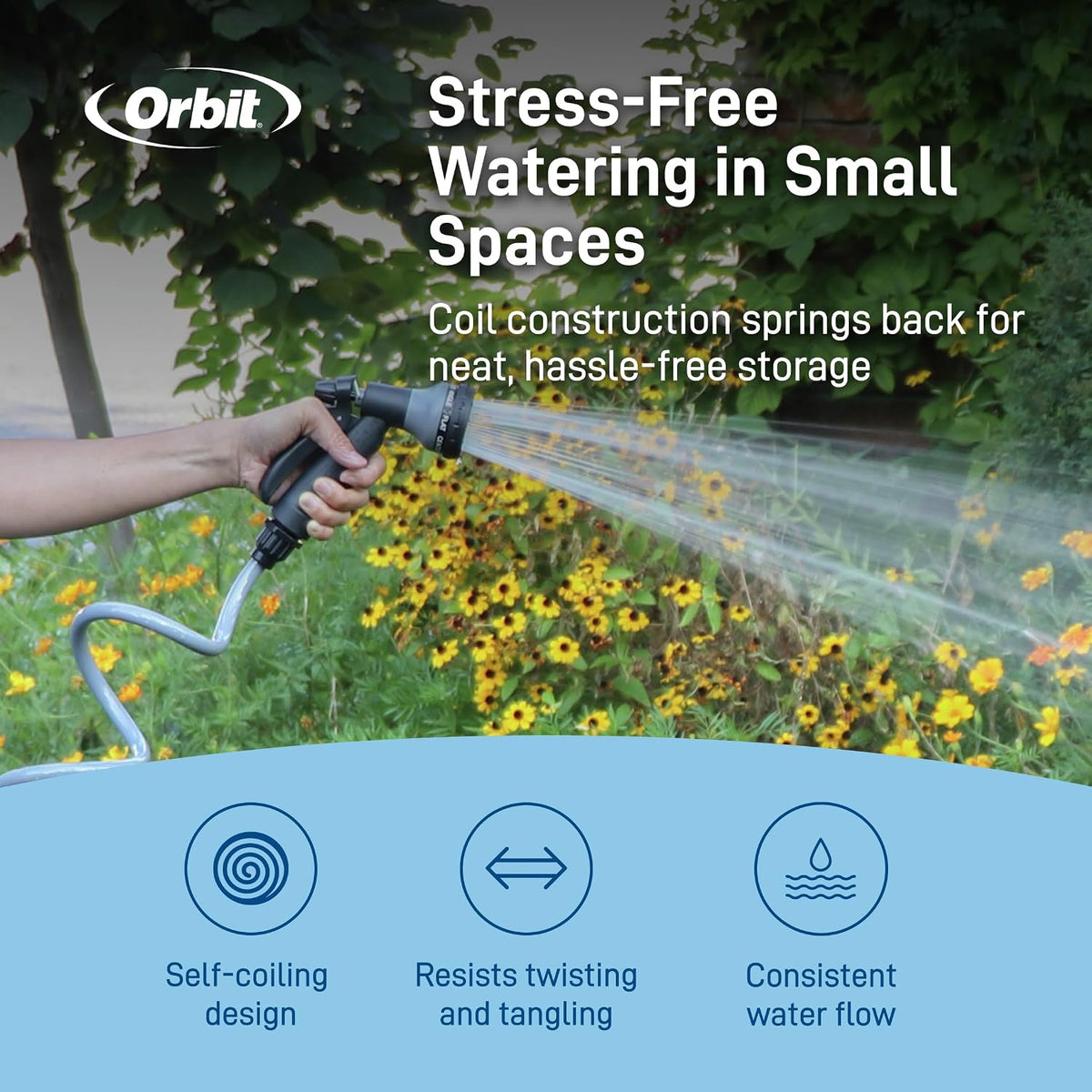 Coil Garden Hose, 25 ft, with 8-Pattern Nozzle, Green - 26380