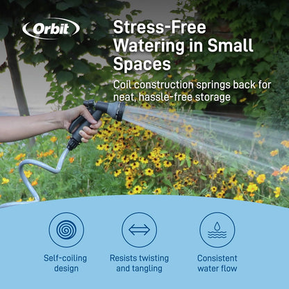 Coil Garden Hose, 25 ft, with 8-Pattern Nozzle, Green - 26380