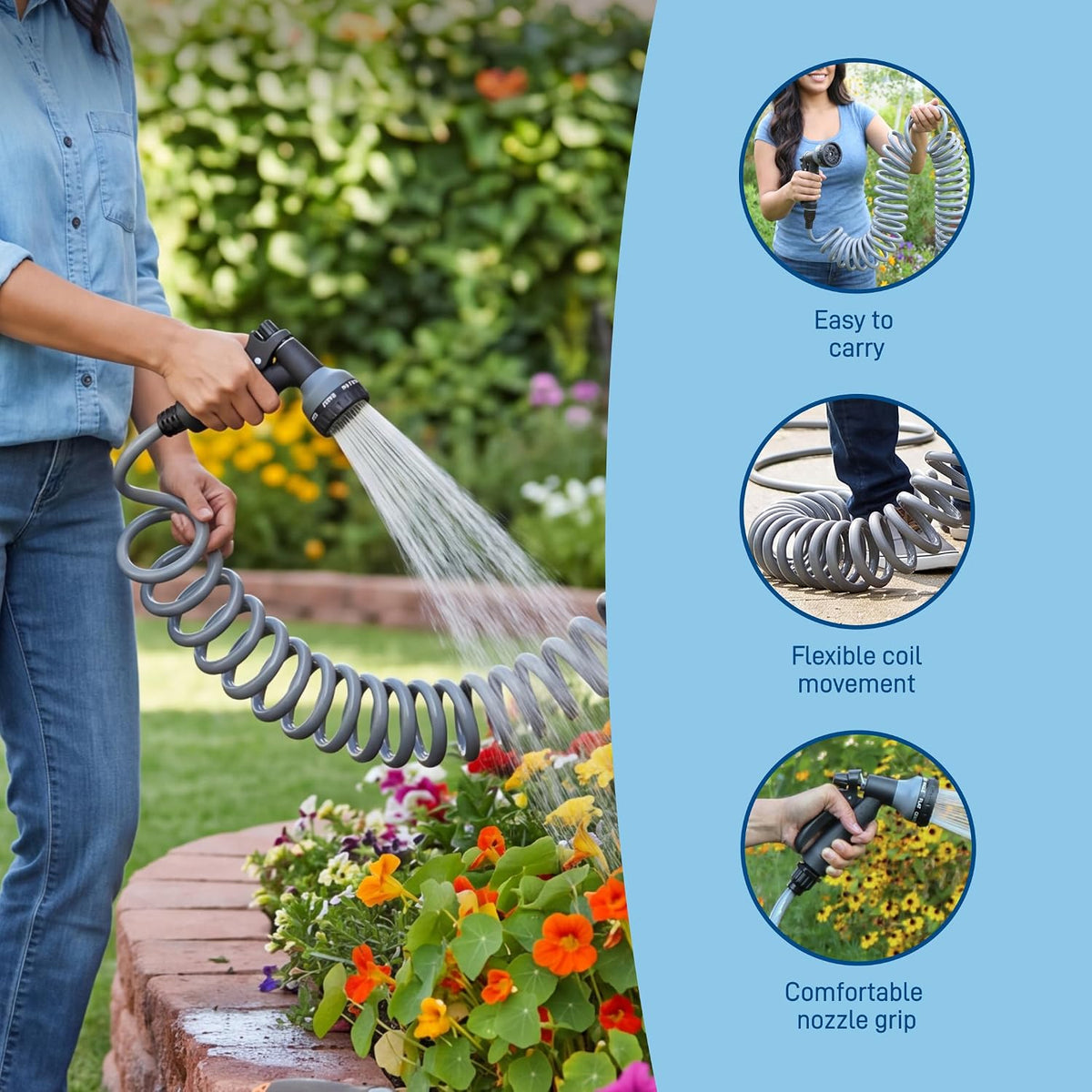 Coil Garden Hose, 25 ft, with 8-Pattern Nozzle, Green - 26380
