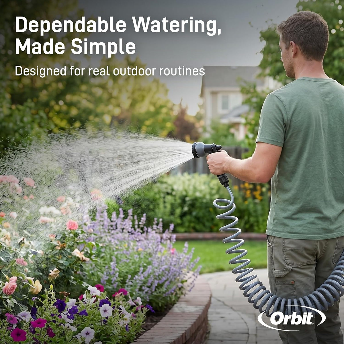 Coil Garden Hose, 25 ft, with 8-Pattern Nozzle, Green - 26380