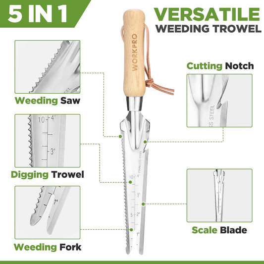 Hand Weeder Puller, 5-in-1 Garden Trowel with Wooden Handle