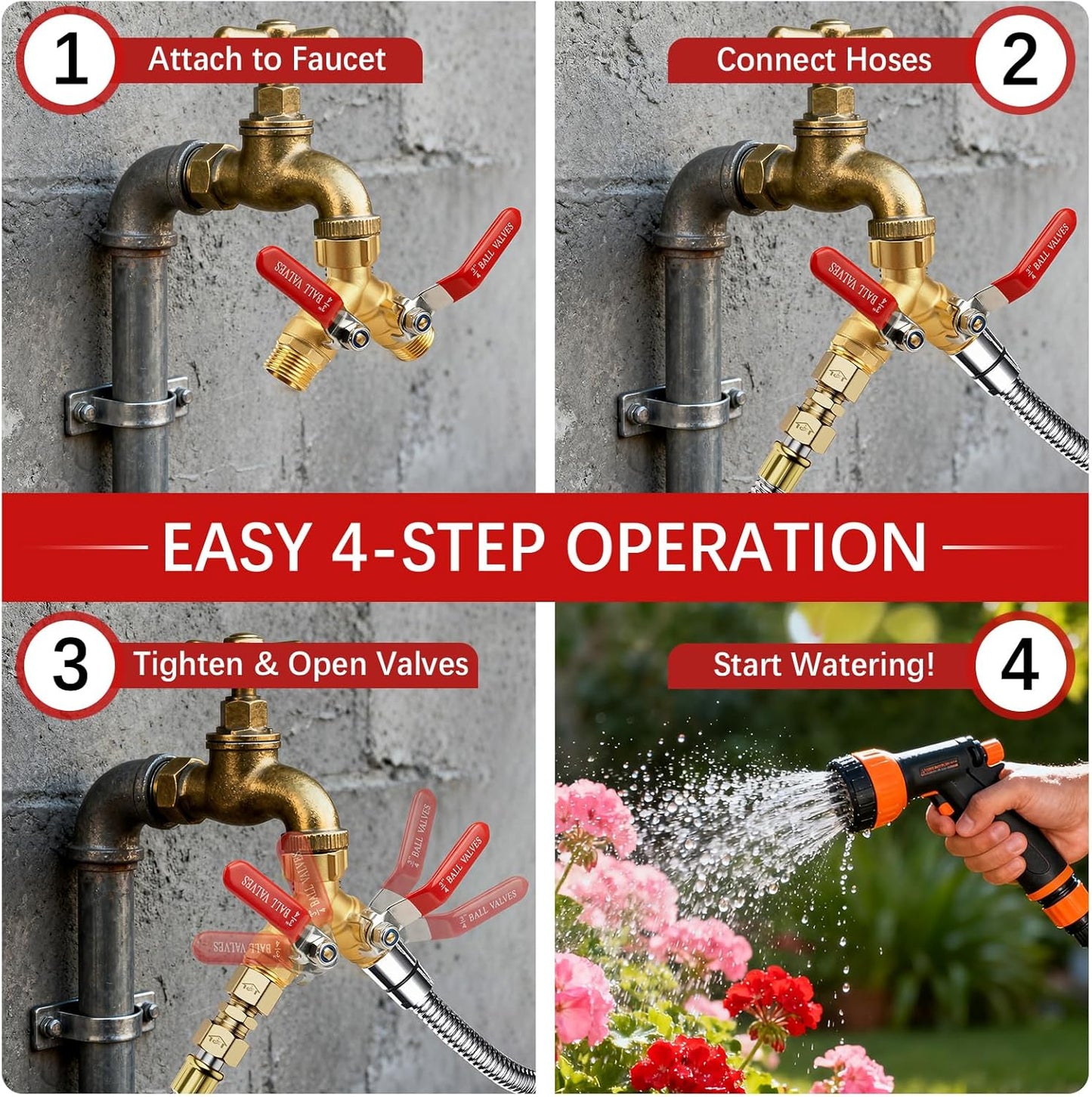 Hose Splitter 2 Way Heavy Duty - Brass Garden Hose Splitter 304 Stainless Steel Long Handles,Y Valve 3/4 Inch GHT Thread Outdoor Faucet Splitter-Full Flow Shutoff Valves 2 Washers&Teflon Tape