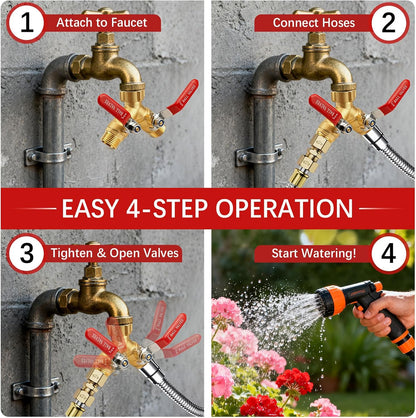 Hose Splitter 2 Way Heavy Duty - Brass Garden Hose Splitter 304 Stainless Steel Long Handles,Y Valve 3/4 Inch GHT Thread Outdoor Faucet Splitter-Full Flow Shutoff Valves 2 Washers&Teflon Tape