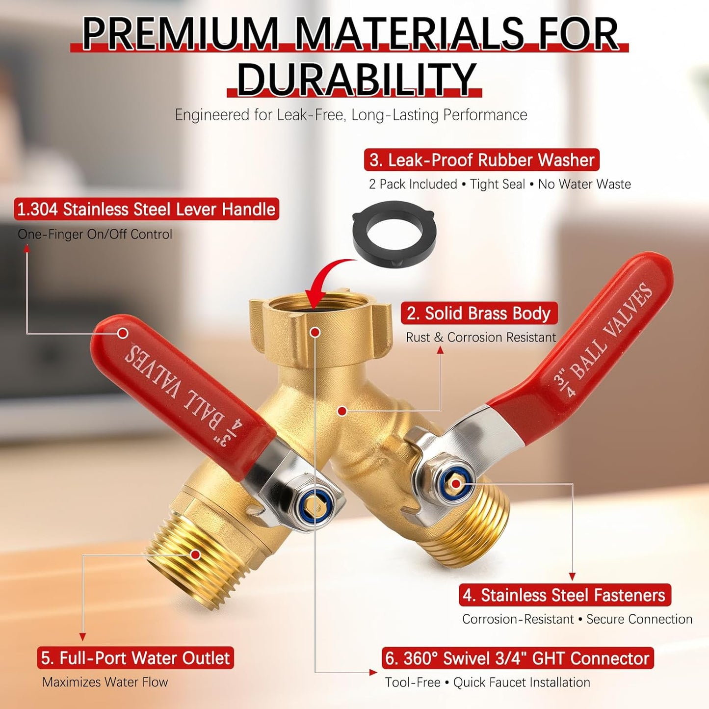 Hose Splitter 2 Way Heavy Duty - Brass Garden Hose Splitter 304 Stainless Steel Long Handles,Y Valve 3/4 Inch GHT Thread Outdoor Faucet Splitter-Full Flow Shutoff Valves 2 Washers&Teflon Tape