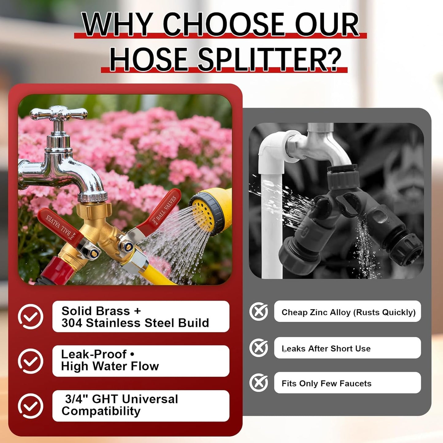 Hose Splitter 2 Way Heavy Duty - Brass Garden Hose Splitter 304 Stainless Steel Long Handles,Y Valve 3/4 Inch GHT Thread Outdoor Faucet Splitter-Full Flow Shutoff Valves 2 Washers&Teflon Tape