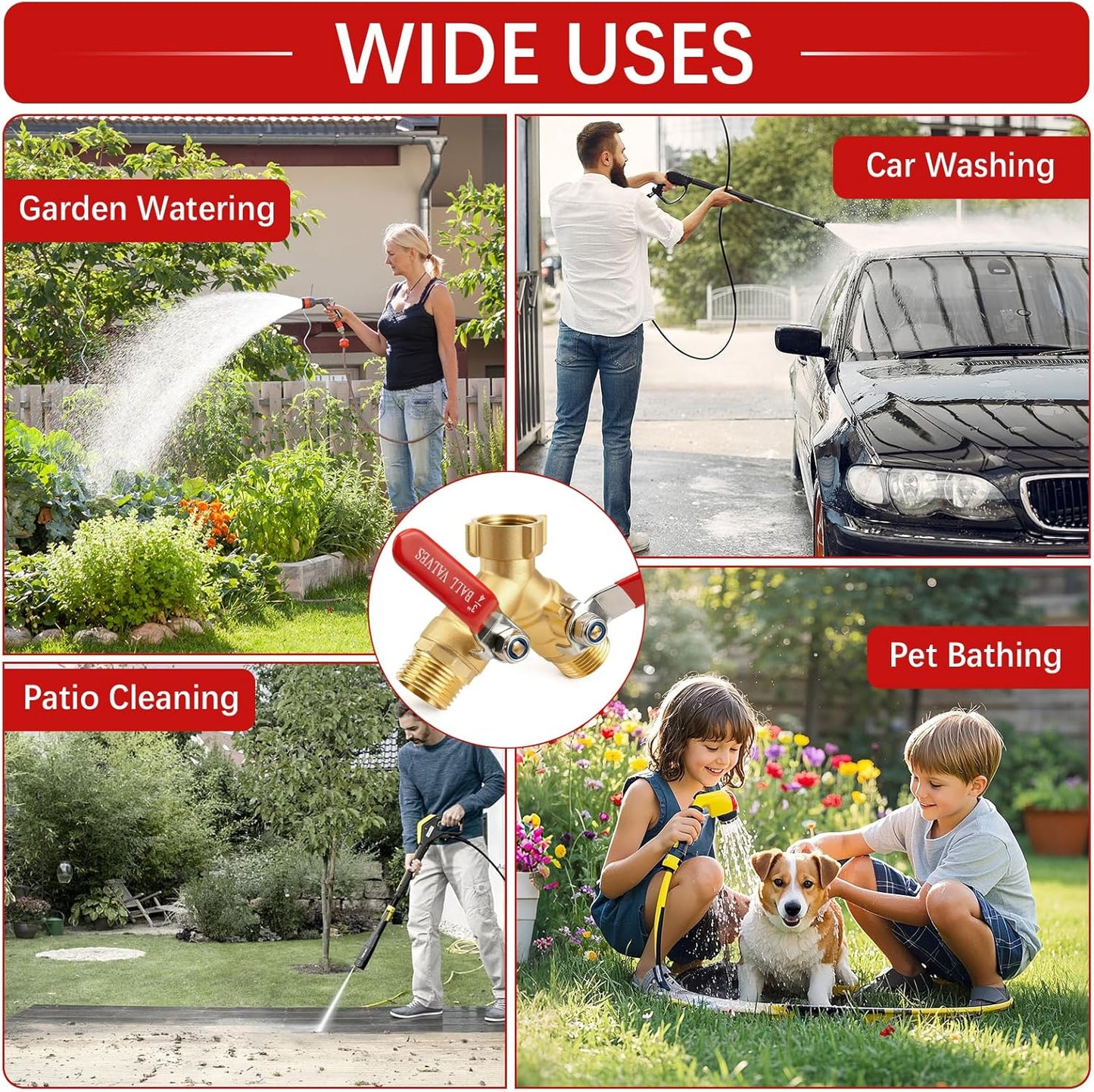 Hose Splitter 2 Way Heavy Duty - Brass Garden Hose Splitter 304 Stainless Steel Long Handles,Y Valve 3/4 Inch GHT Thread Outdoor Faucet Splitter-Full Flow Shutoff Valves 2 Washers&Teflon Tape