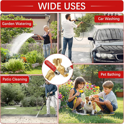 Hose Splitter 2 Way Heavy Duty - Brass Garden Hose Splitter 304 Stainless Steel Long Handles,Y Valve 3/4 Inch GHT Thread Outdoor Faucet Splitter-Full Flow Shutoff Valves 2 Washers&Teflon Tape