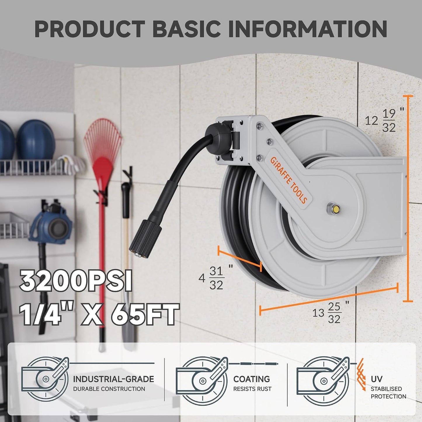 65ft Retractable Pressure Washer Hose Reel, 3200 PSI