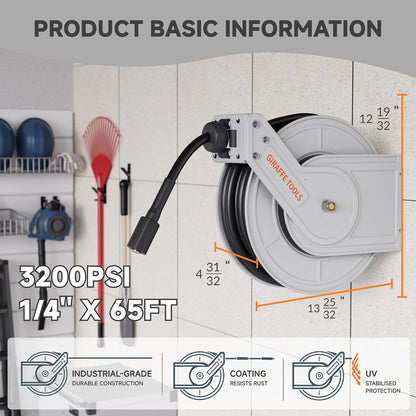 65ft Retractable Pressure Washer Hose Reel, 3200 PSI