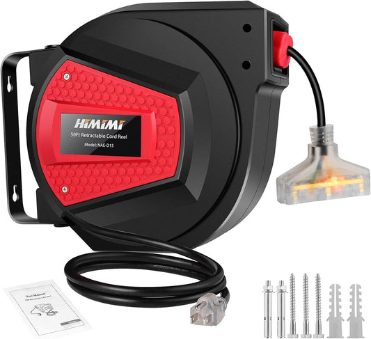 Retractable Extension Cord Reel, 50FT 14AWG/3C Power Cord Reel for Garage Workshop, Wall/Ceiling Mounted Extension Cord Reel, 3-Lighted Triple Outlets, UL Listed, 13A Circuit Breaker