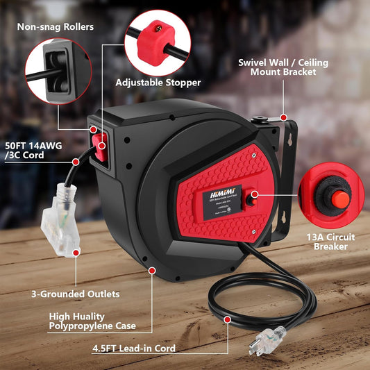 Retractable Extension Cord Reel, 50FT 14AWG/3C Power Cord Reel for Garage Workshop, Wall/Ceiling Mounted Extension Cord Reel, 3-Lighted Triple Outlets, UL Listed, 13A Circuit Breaker