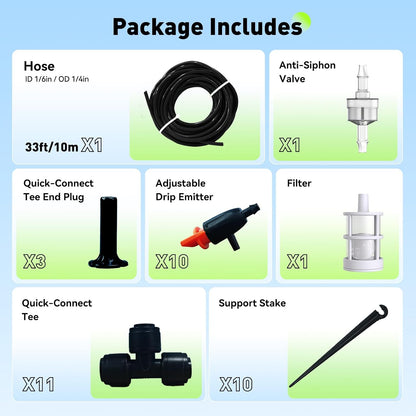 Quick-Connect 1/4 Drip Irrigation Tubing Adjustable Water Flow Rate Accessories Kit/Expansion Kit Pack for Extra 10 Plants, Dripline Tubing (ID: 1/6” / 4mm & OD: 1/4” / 6mm)