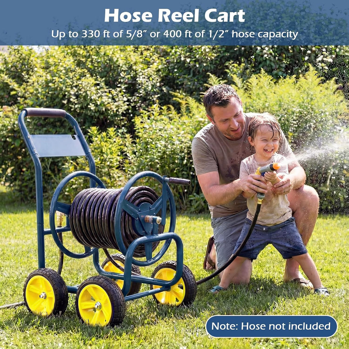 Garden Hose Reel Cart, Mobile Water Hose Cart with Heavy-duty Metal Frame & 4 Solid Wheels, Hold up to 330 ft of 5/8" Hoses, Outdoor Planting Tool for Lawn & Backyard (Navy Blue)
