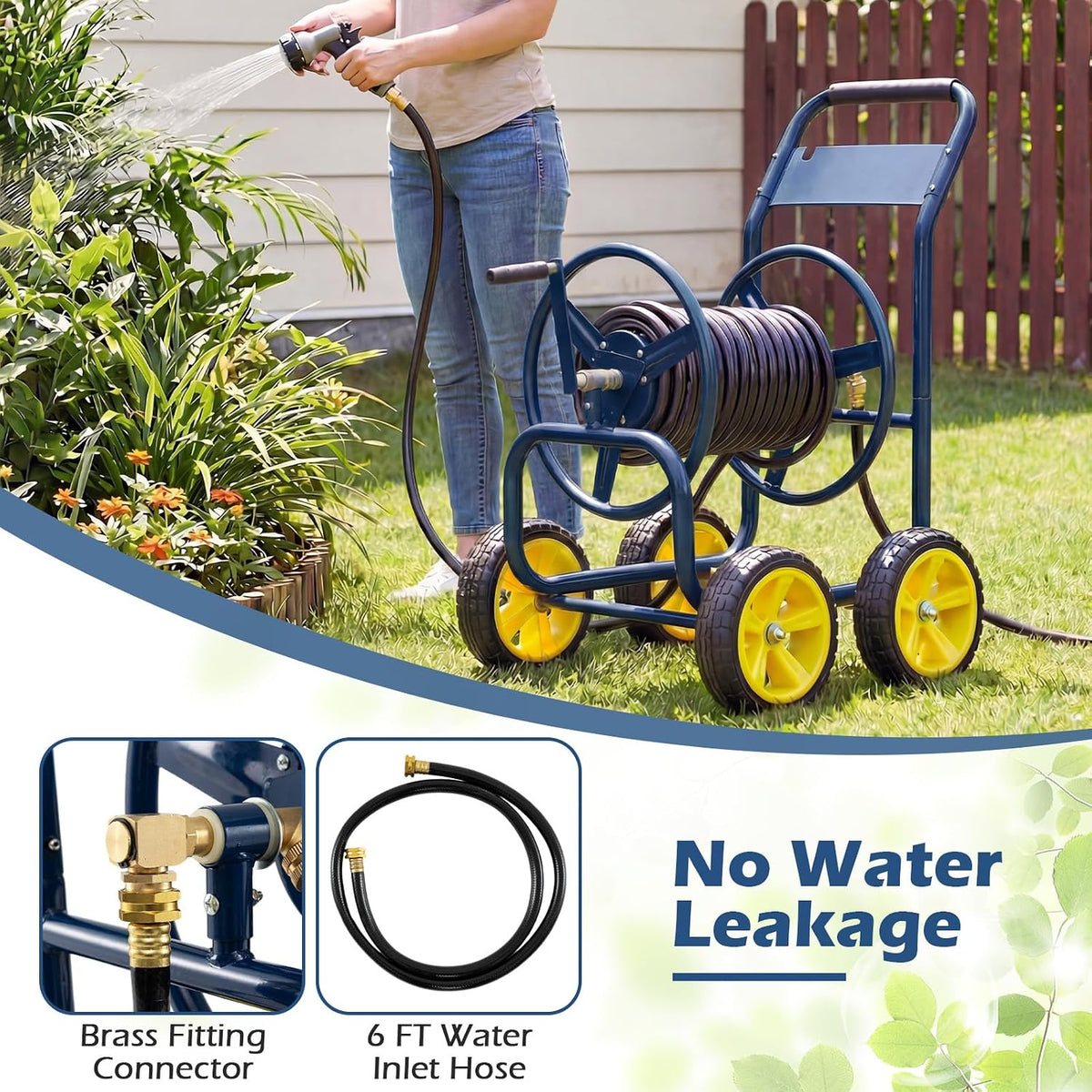 Garden Hose Reel Cart, Mobile Water Hose Cart with Heavy-duty Metal Frame & 4 Solid Wheels, Hold up to 330 ft of 5/8" Hoses, Outdoor Planting Tool for Lawn & Backyard (Navy Blue)