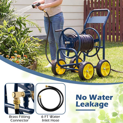 Garden Hose Reel Cart, Mobile Water Hose Cart with Heavy-duty Metal Frame & 4 Solid Wheels, Hold up to 330 ft of 5/8" Hoses, Outdoor Planting Tool for Lawn & Backyard (Navy Blue)