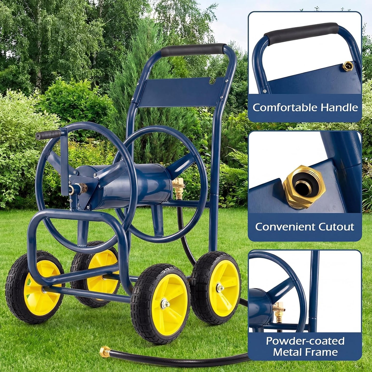 Garden Hose Reel Cart, Mobile Water Hose Cart with Heavy-duty Metal Frame & 4 Solid Wheels, Hold up to 330 ft of 5/8" Hoses, Outdoor Planting Tool for Lawn & Backyard (Navy Blue)