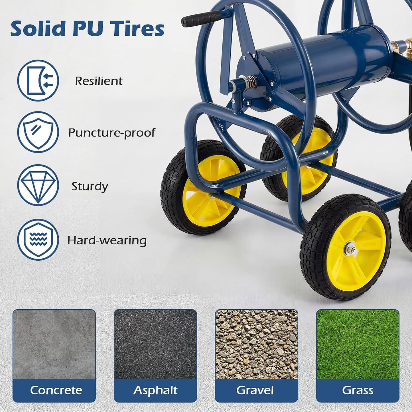 Garden Hose Reel Cart, Mobile Water Hose Cart with Heavy-duty Metal Frame & 4 Solid Wheels, Hold up to 330 ft of 5/8" Hoses, Outdoor Planting Tool for Lawn & Backyard (Navy Blue)