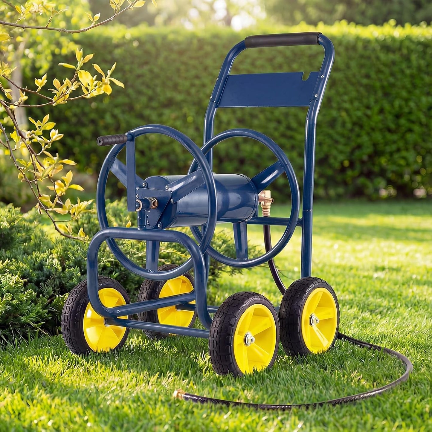 Garden Hose Reel Cart, Mobile Water Hose Cart with Heavy-duty Metal Frame & 4 Solid Wheels, Hold up to 330 ft of 5/8" Hoses, Outdoor Planting Tool for Lawn & Backyard (Navy Blue)