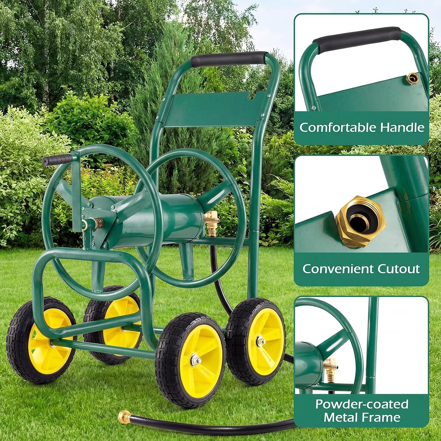 Garden Hose Reel Cart, Mobile Water Hose Cart with Heavy-duty Metal Frame & 4 Solid Wheels, Hold up to 330 ft of 5/8" Hoses, Outdoor Planting Tool for Lawn & Backyard (Navy Blue)