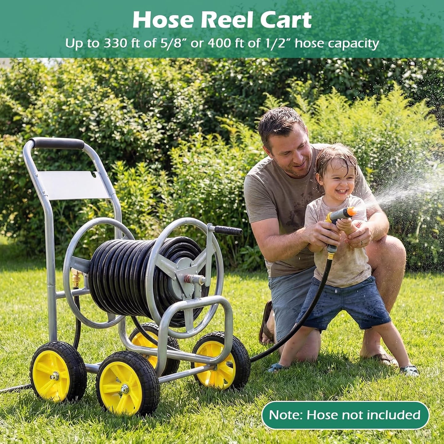 Garden Hose Reel Cart, Mobile Water Hose Cart with Heavy-duty Metal Frame & 4 Solid Wheels, Hold up to 330 ft of 5/8" Hoses, Outdoor Planting Tool for Lawn & Backyard (Navy Blue)