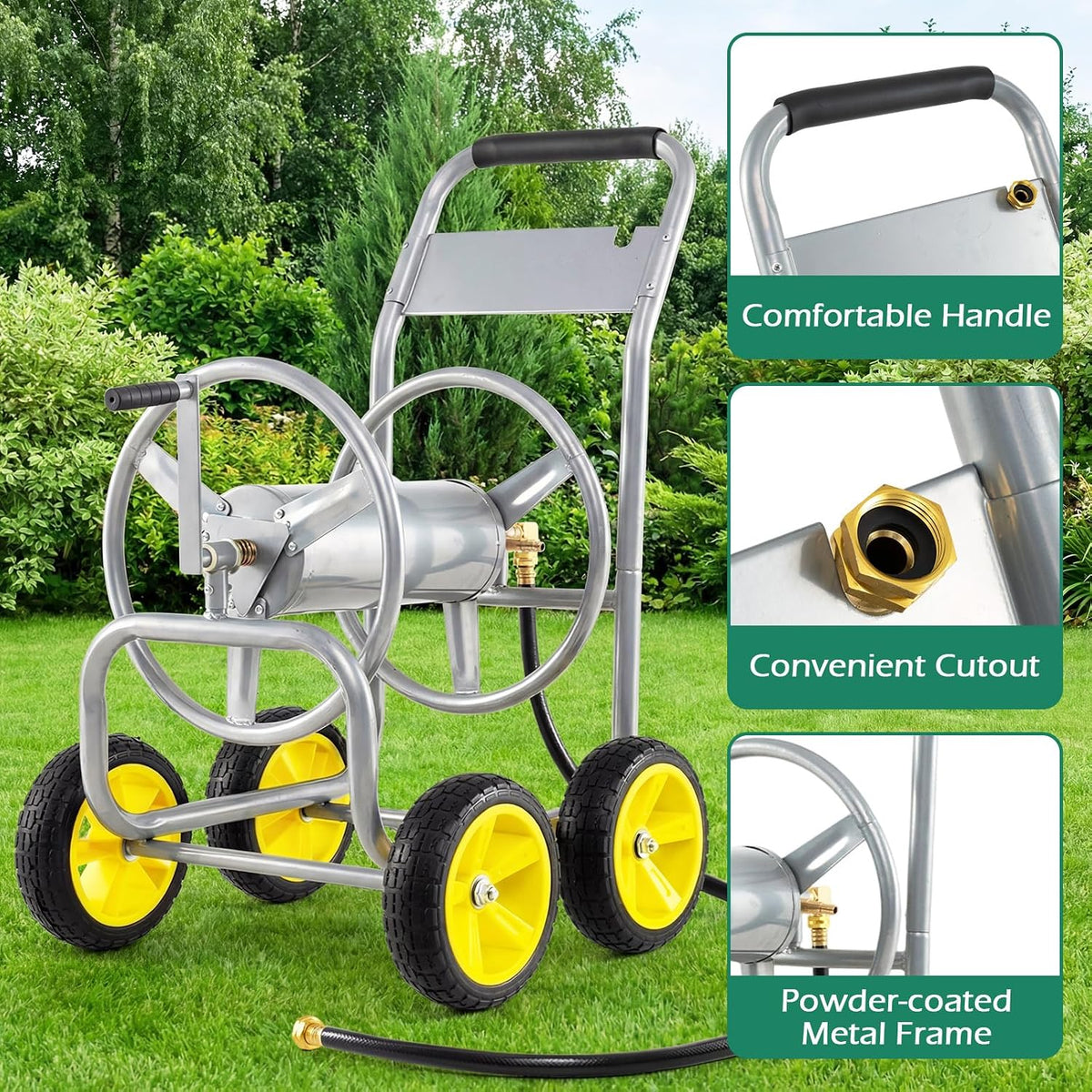 Garden Hose Reel Cart, Mobile Water Hose Cart with Heavy-duty Metal Frame & 4 Solid Wheels, Hold up to 330 ft of 5/8" Hoses, Outdoor Planting Tool for Lawn & Backyard (Navy Blue)
